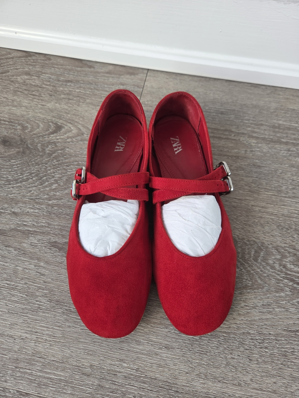 ​ZARA Red Genuine Suede Mary Jane Double Buckle Flats - Size 39 (US 8)